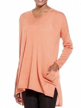 Eileen Fisher Ultrafine Marino V Neck Box Top In Orange Size XS NWT